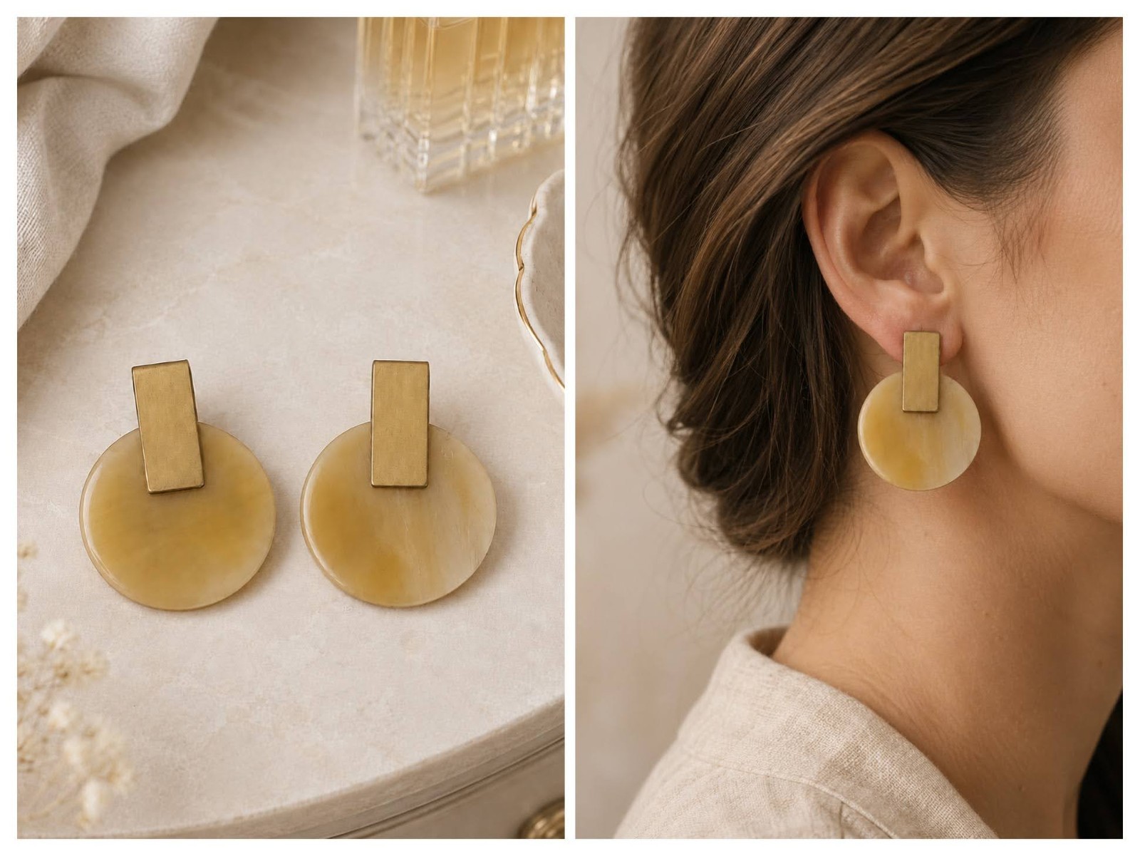 Round Statement Earrings Gold Tone Caramel Disc Geometric Dangle 2.75″