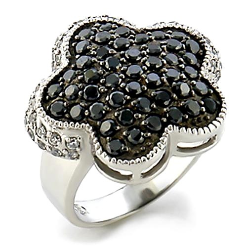 Women’s Clover Ring, Jet CZ, Rhodium & Ruthenium Plated, Brass