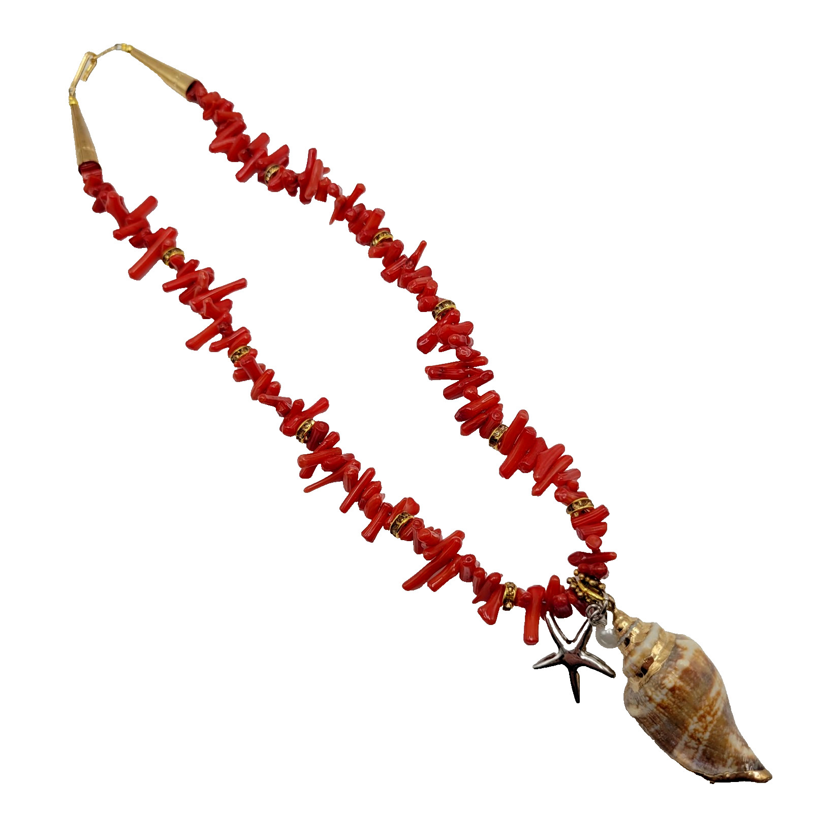 Vintage SW Artisan Red Branch Coral w Shell Pendant Gold Tone Cones Necklace