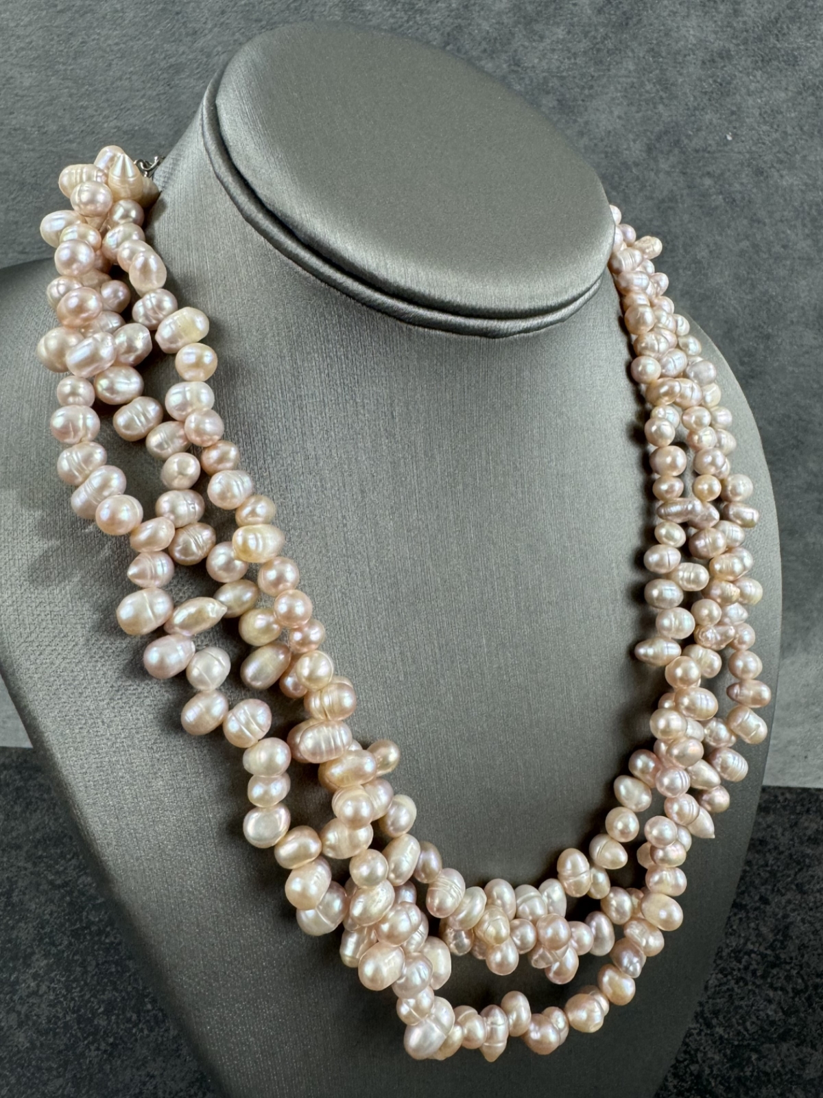 Blush Triple Strand Natural Cultured Pearl Necklace, Adjustable 18-19 1/2 Inches