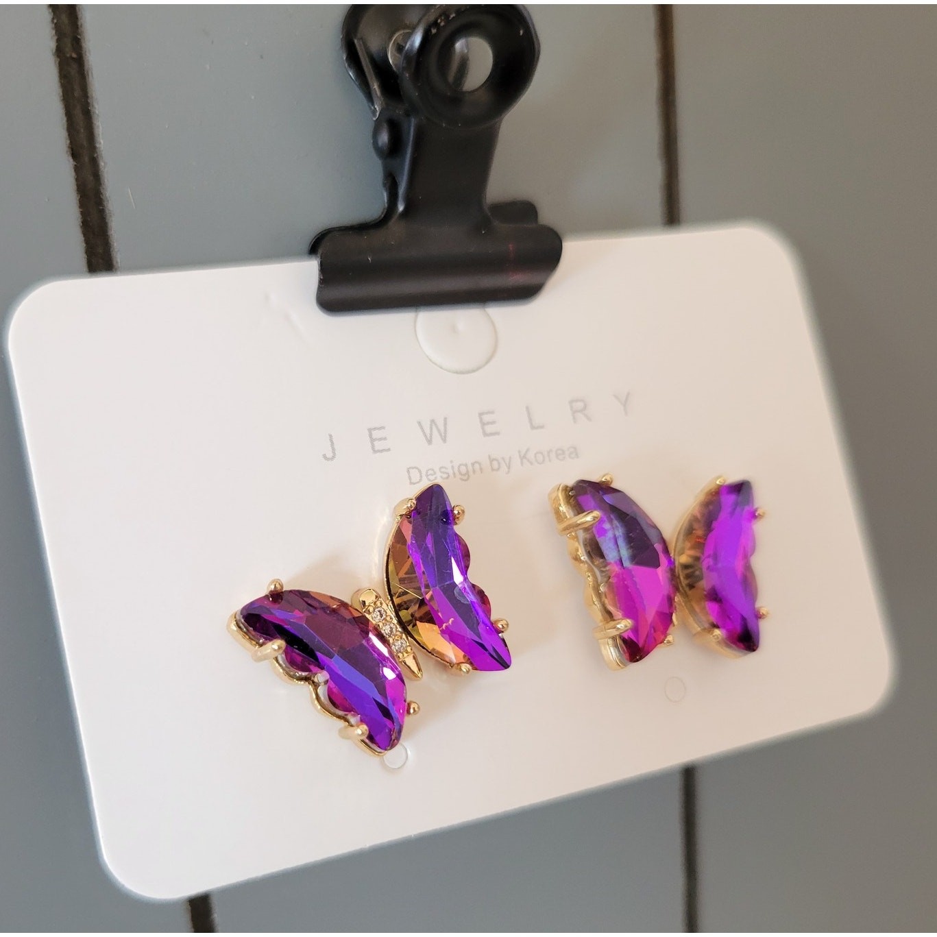 Purple Crystal Butterfly Stud Earrings Set of Design by Korea, With Gift Bag