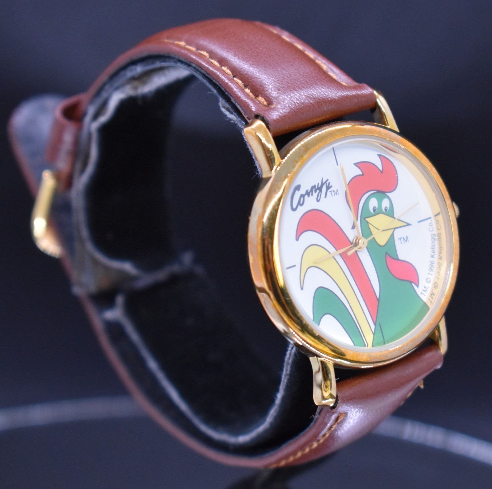 Vintage 1996 Kellogg’s Corn Flakes Corny Rooster Watch Gold Tone Brown Leather