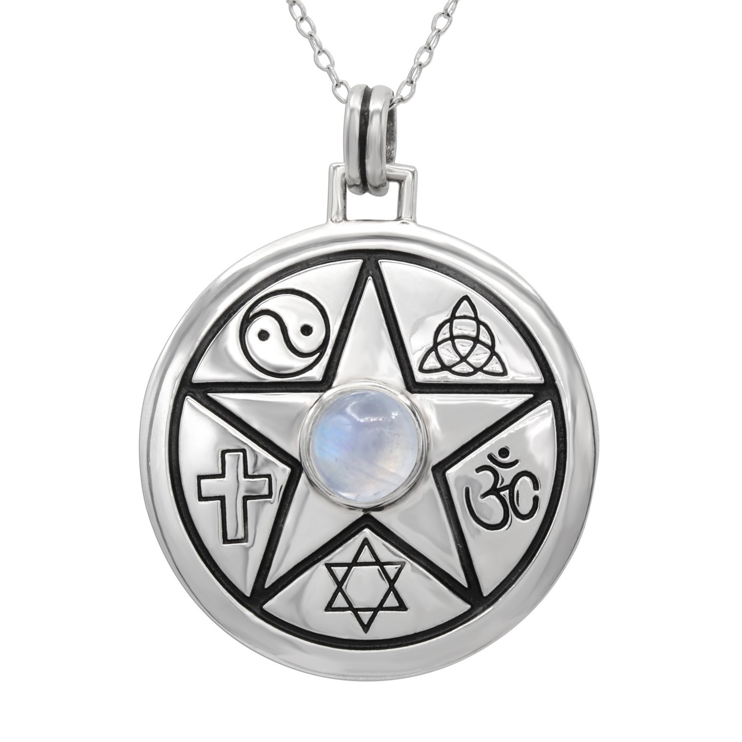 Interfaith Coexist Pentacle Necklace – 20″ Silver Moonstone Harmony Pendant