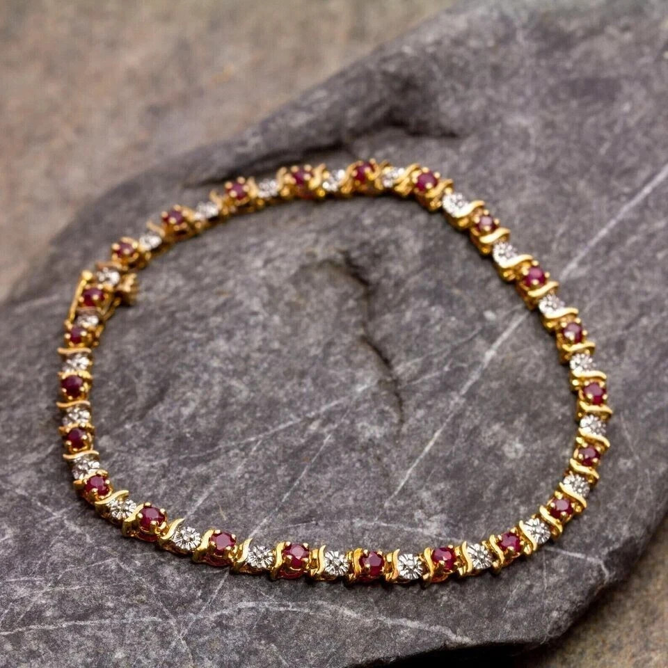 4.00 Ct Round Cut Natural Red Ruby Tennis Bracelet 14K Solid Yellow Gold