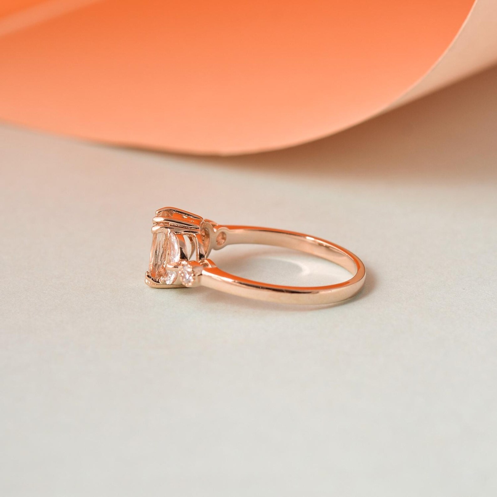 Morganite & Moissanite Wedding Ring Yellow Gold Plated 925 Silver Promise Ring