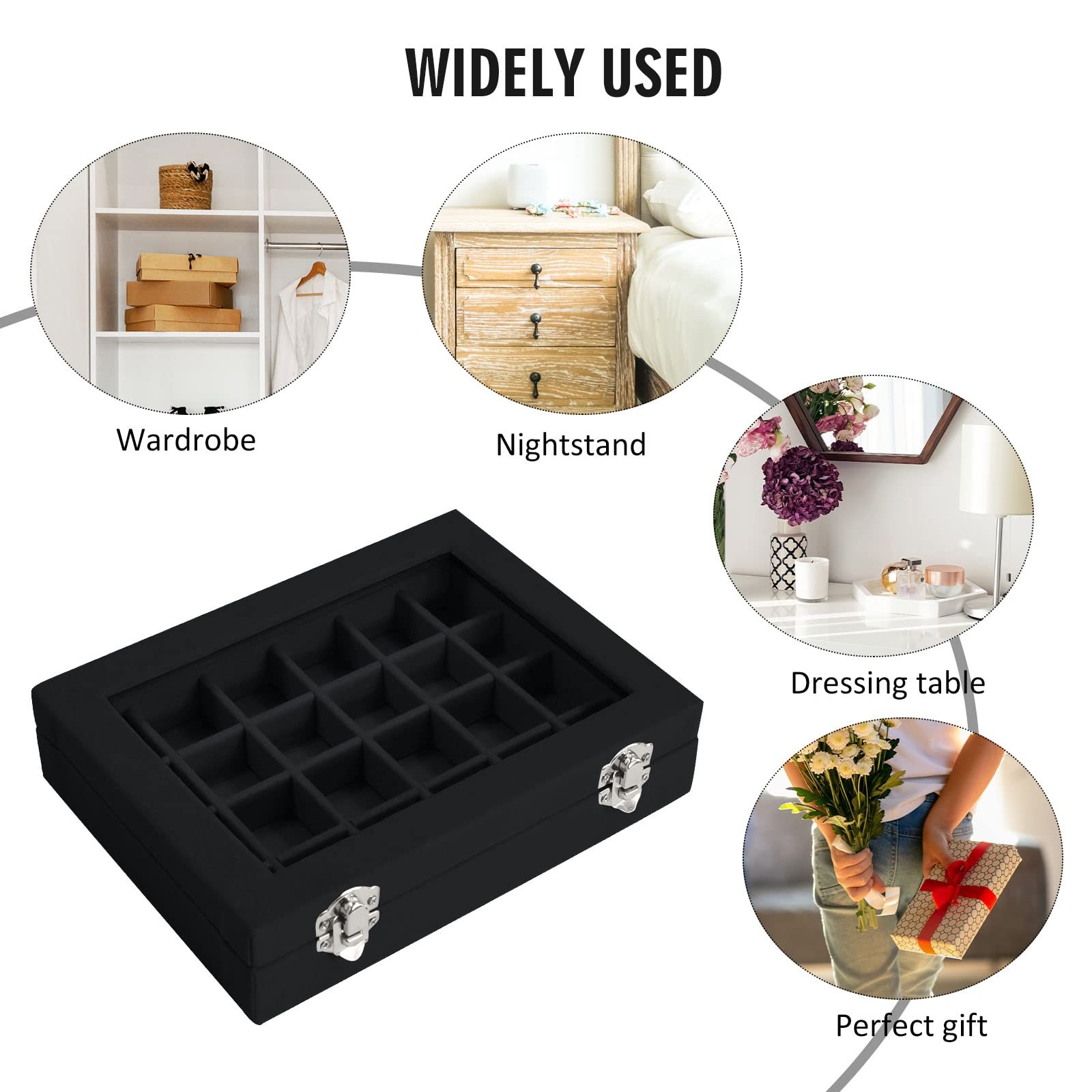 Velvet Jewelry Box 24 Grid Ring Display 24 Grid, Black