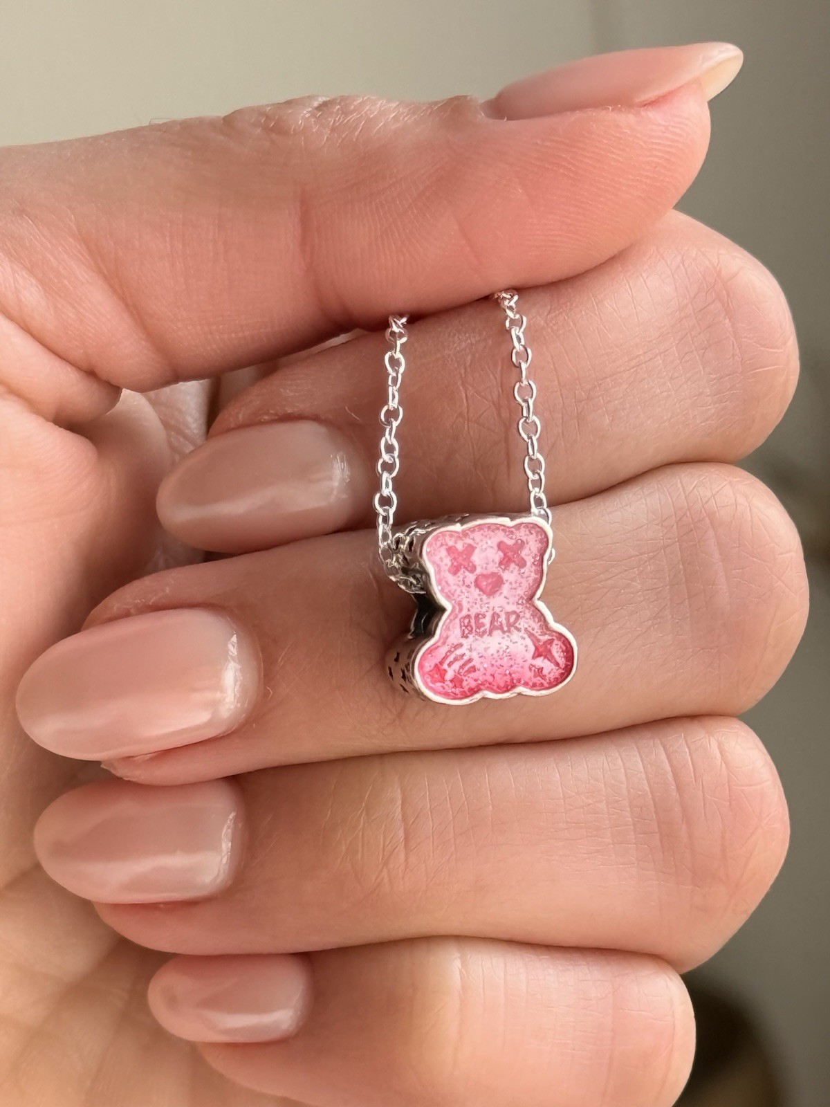 Authentic Sterling Silver 925 Pink teddy bear Necklace 🦋