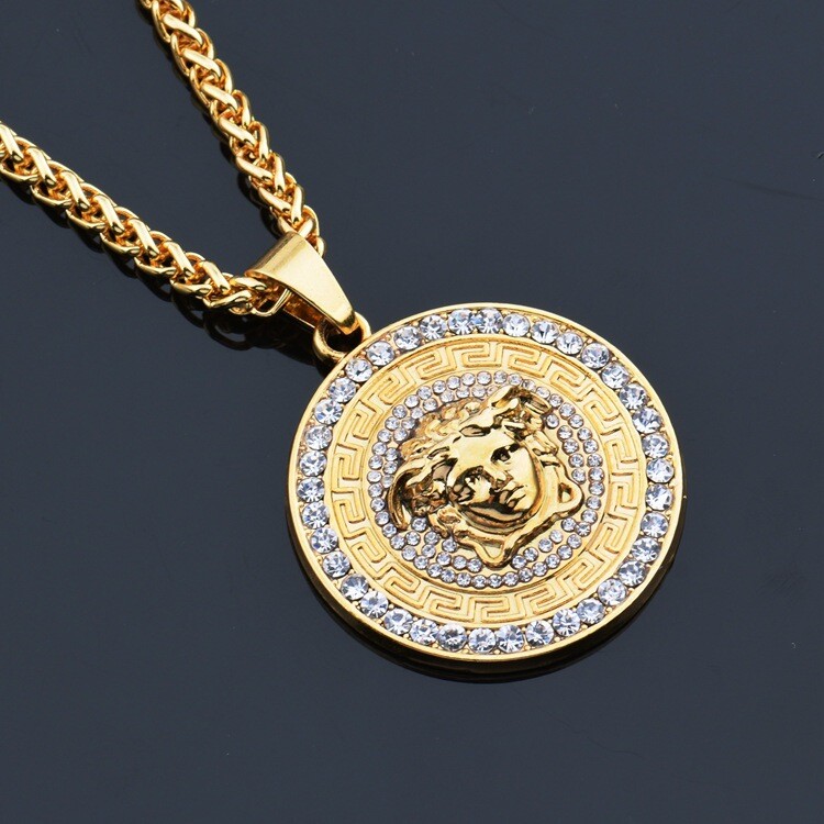 Mens CZ Round Medallion Greek God Pendant 30″ Wheat Link Chain Necklace #NL202