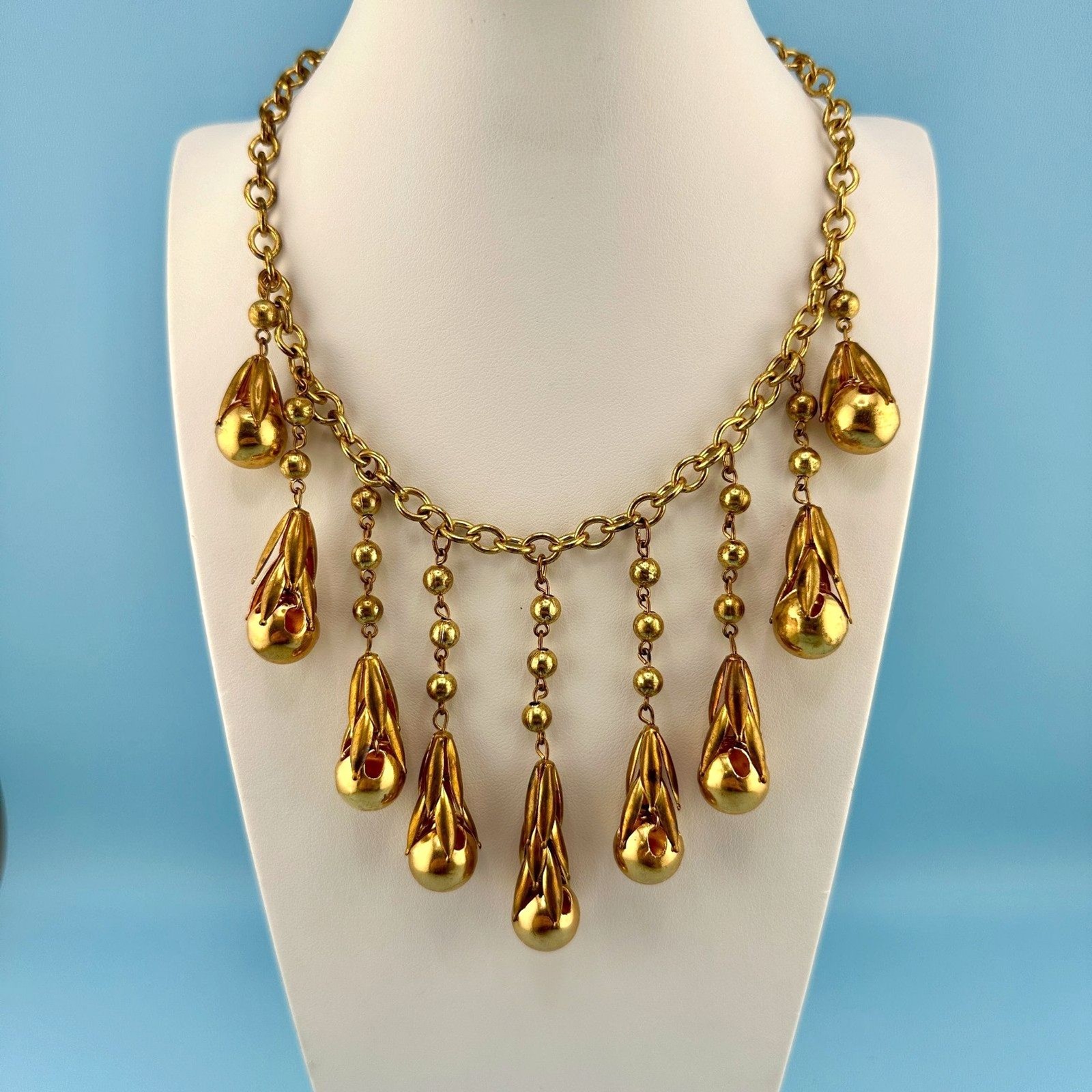 Vintage Art Deco Necklace Fringe Chain Gold Tone Etruscan Revival Statement