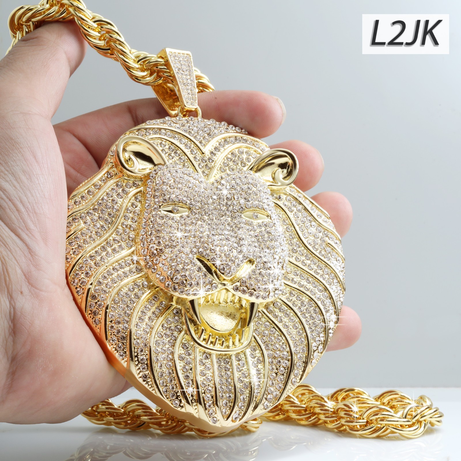 14K Rope Chain Necklace 10mm 24″ & 30″ | Huge Lion Face Gold Plated XXL Hip Hop