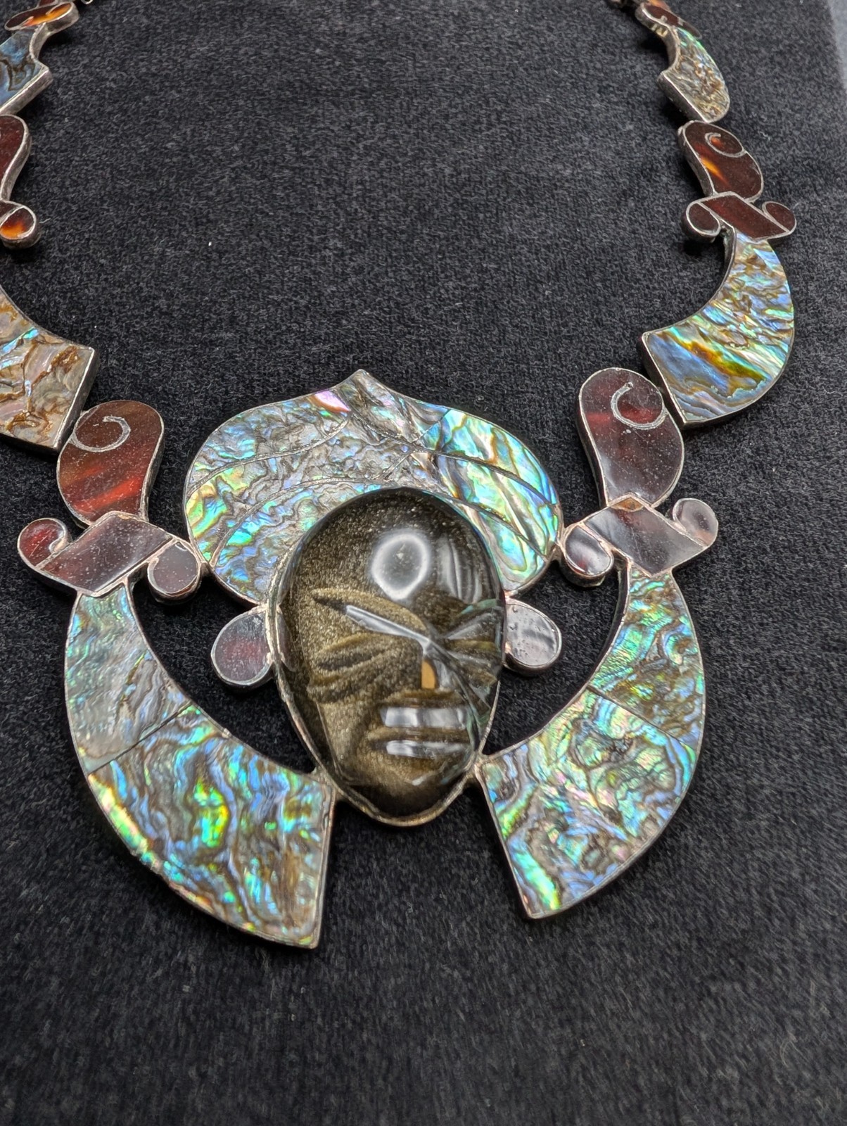 Vtg Statement Piece 925 Mexico Sheen Obsidian Tortoise & Abalone Shell