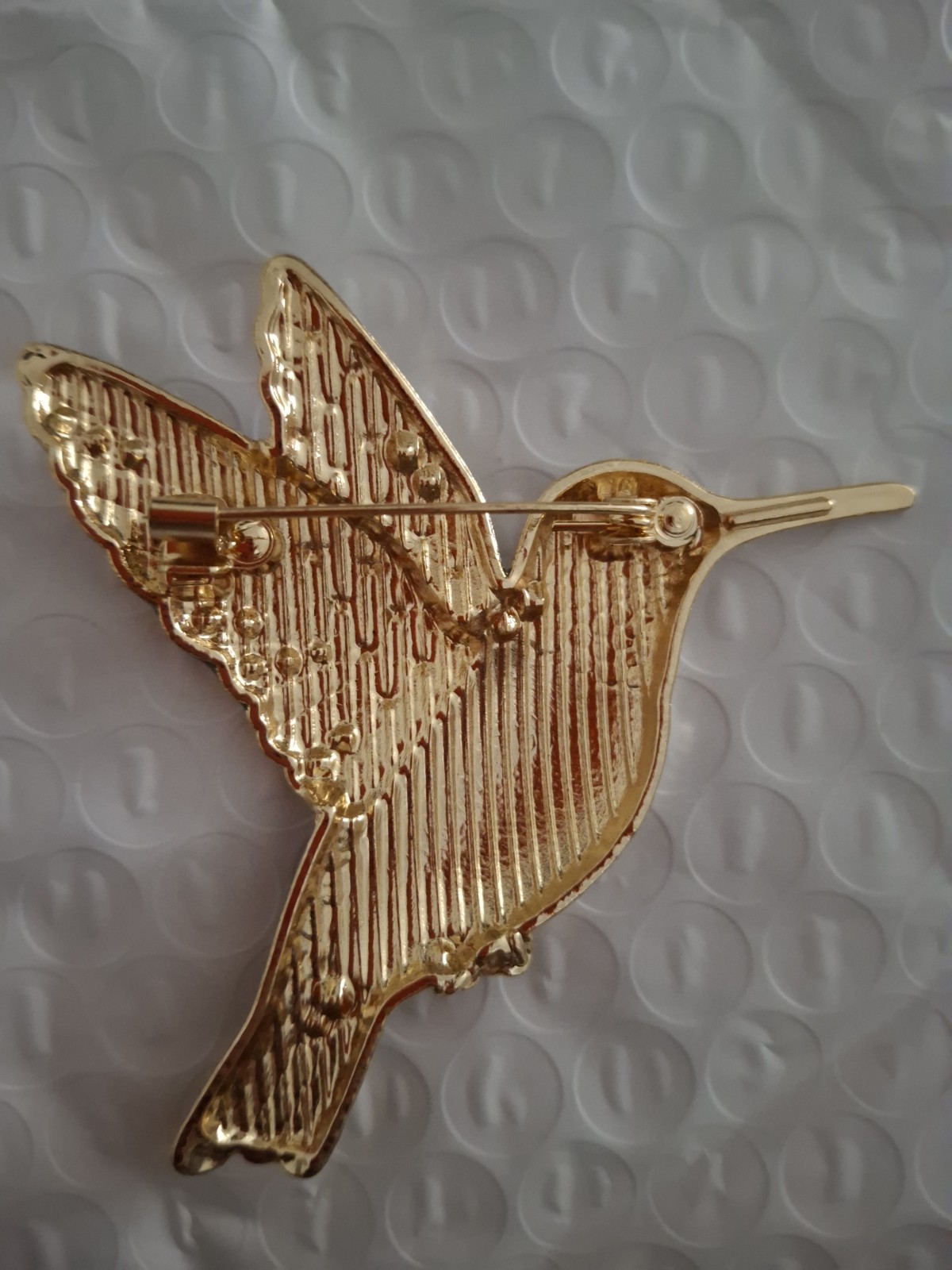 Hummingbird Brooch Pin Gold Tone Blue White Enamel Clear Round Rhinestones