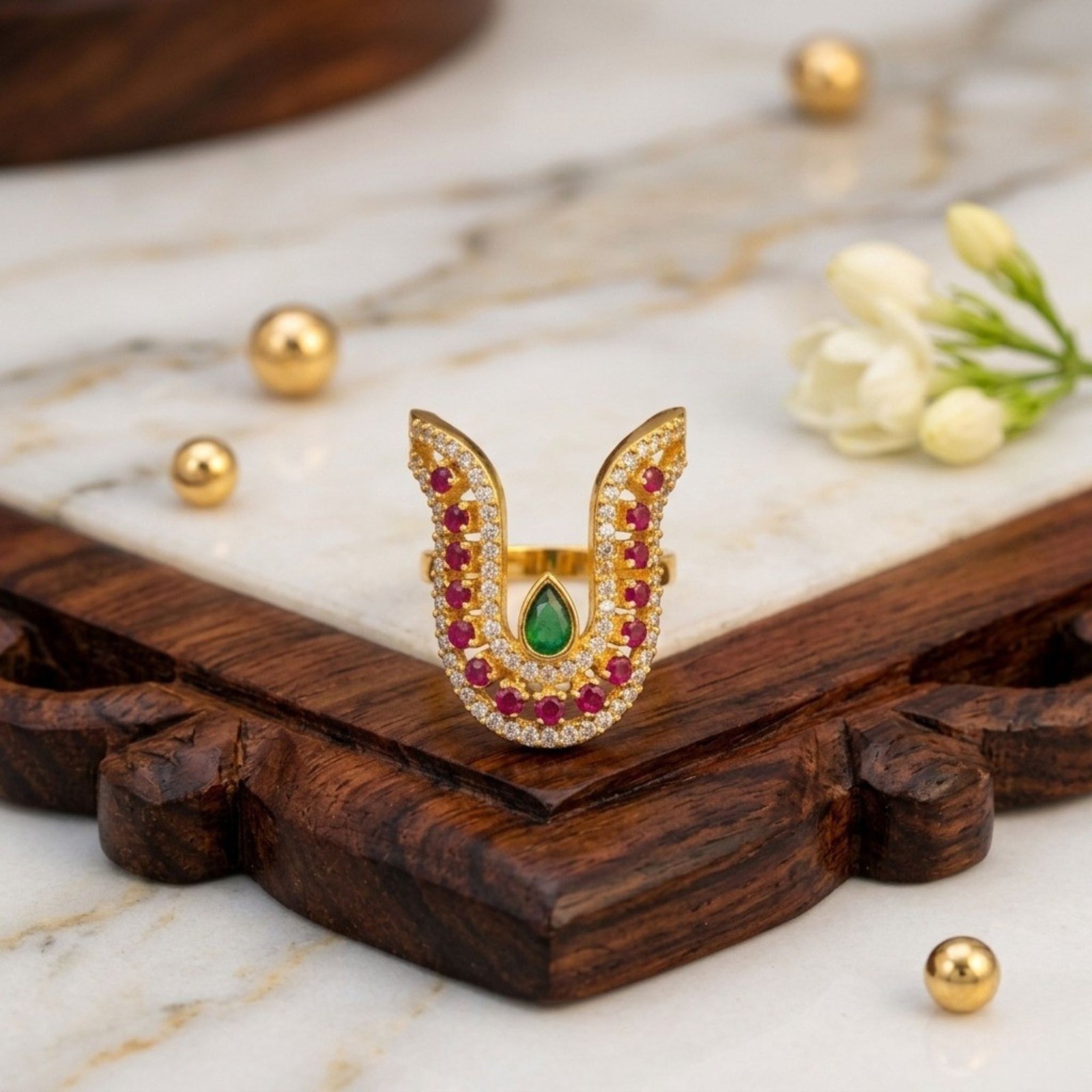 Gold Plated V-Shape Mangalyam Ring: South Indian CZ Wedding Band
