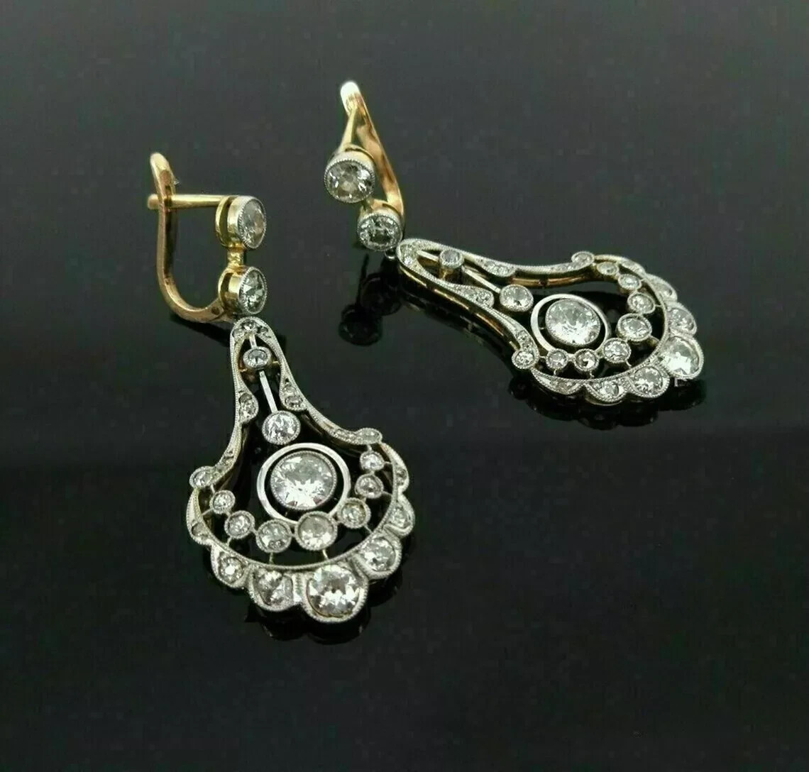 Vintage Old European Style Lab Created Diamond Wedding 14K Gold FN Earrings