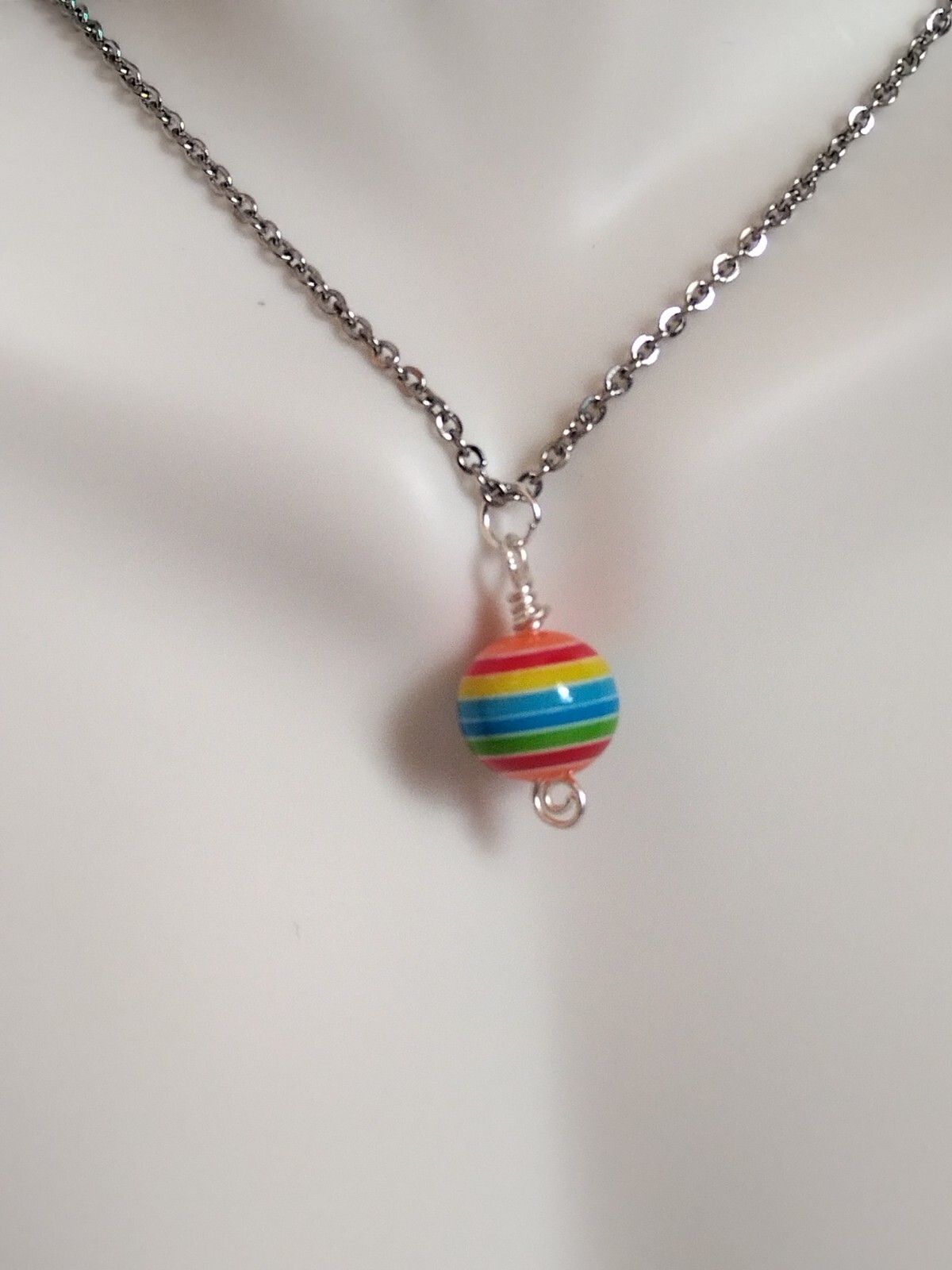 Rainbow Stripe Resin Bead Pendant Necklace Handmade Stainless Steel Chain
