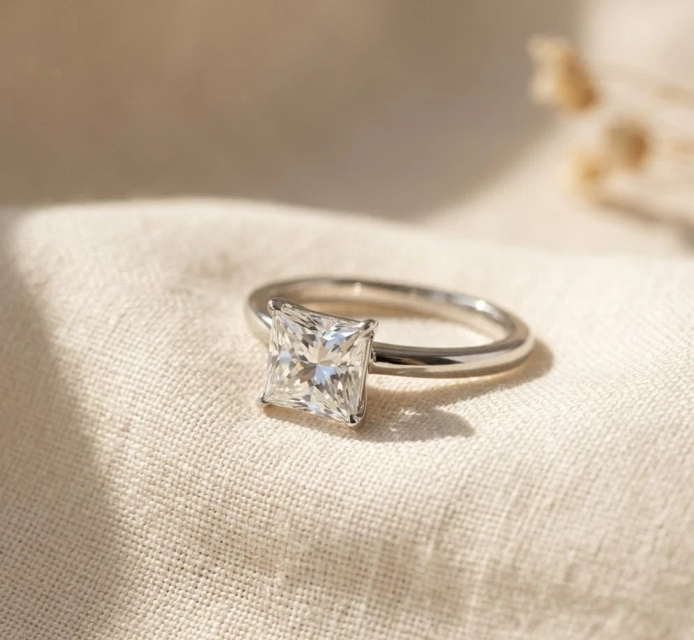 3Ct Princess-Cut Moissanite Solitaire Engagement Ring 14K White Gold Plated