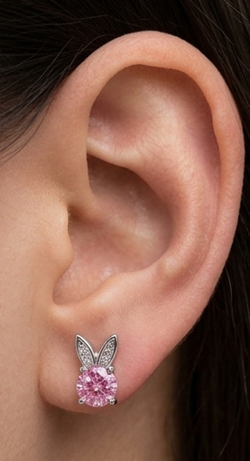 3ct Round Simulated Pink Ruby/CZ Rabbit Stud Silver Earrings White Gold Plated