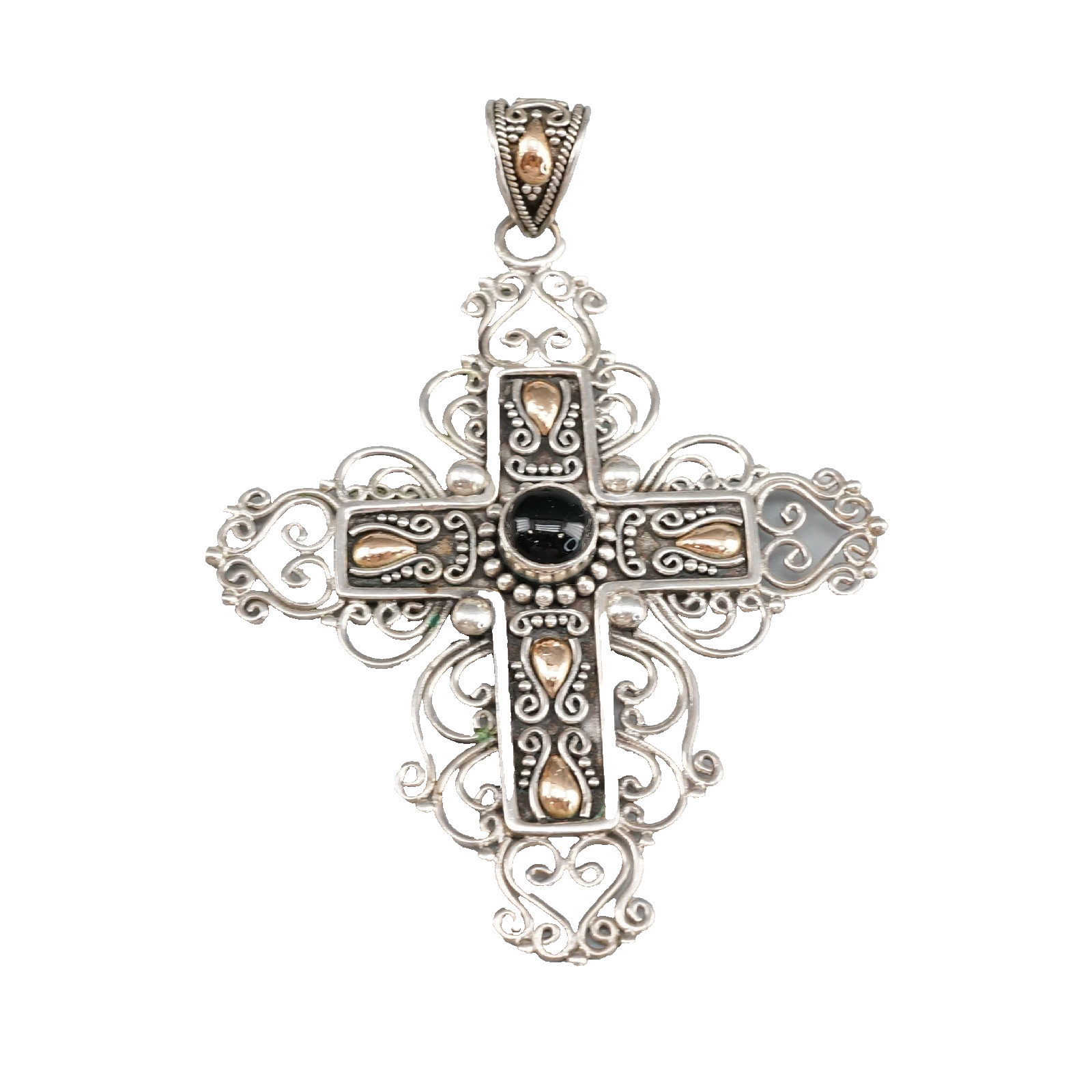 Ba Suarti Bali Sterling Silver 18k Gold Onyx Cross Pendant Large Ornate