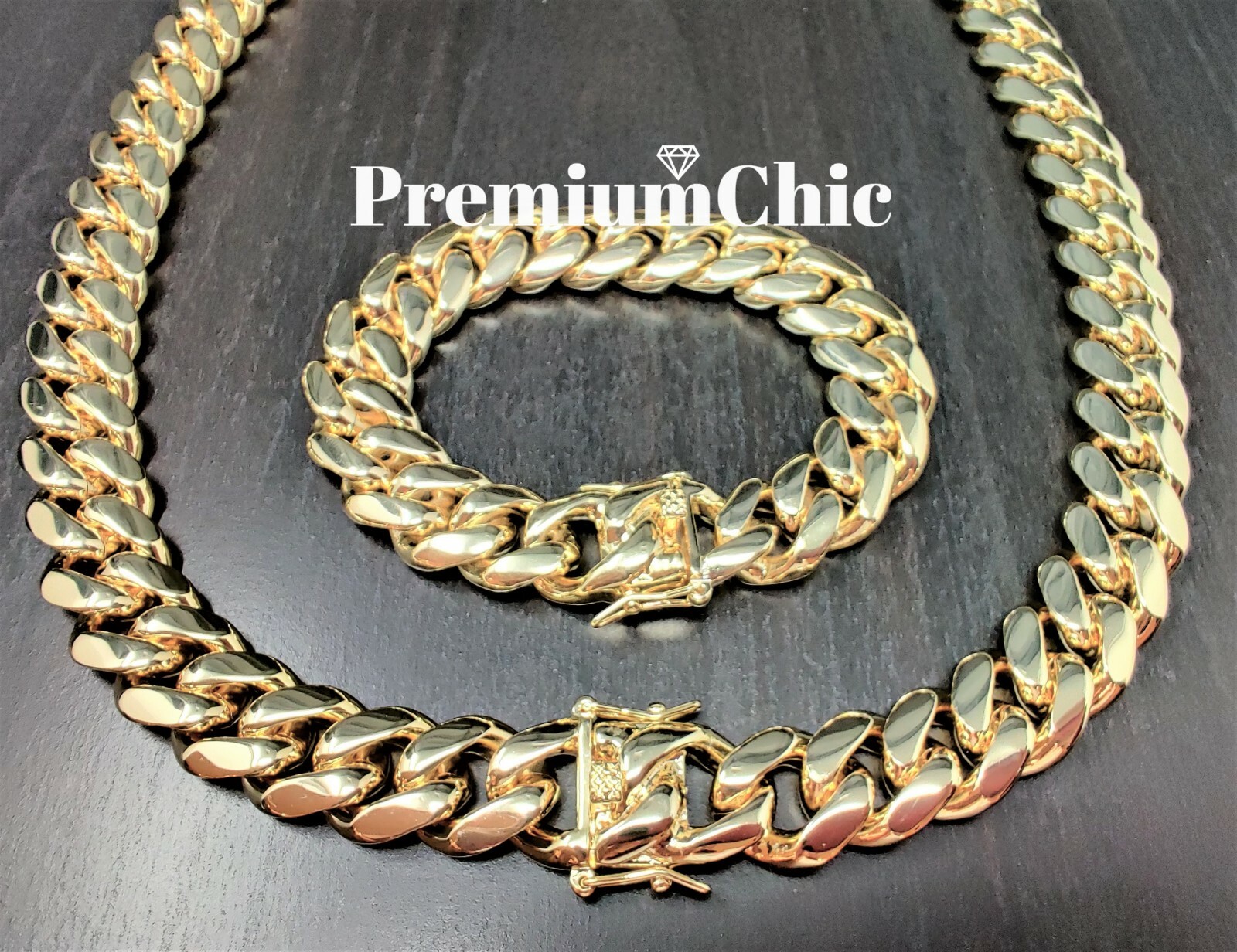 COMBO SET Mens Miami Cuban Link Bracelet & Necklace Gold Plated Stainless Steel