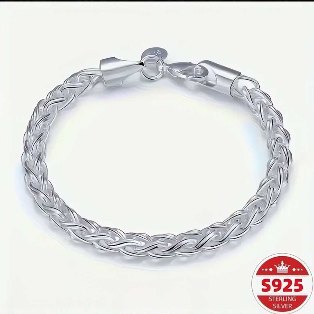 Sterling Silver 925 Braided Chain Bracelet 8in with Lobster Clasp