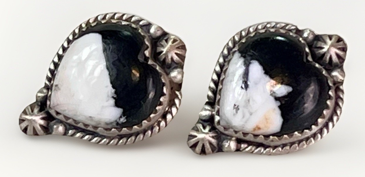 White Buffalo Heart Stud Sterling Silver Handmade Earrings SW Native Style 6g