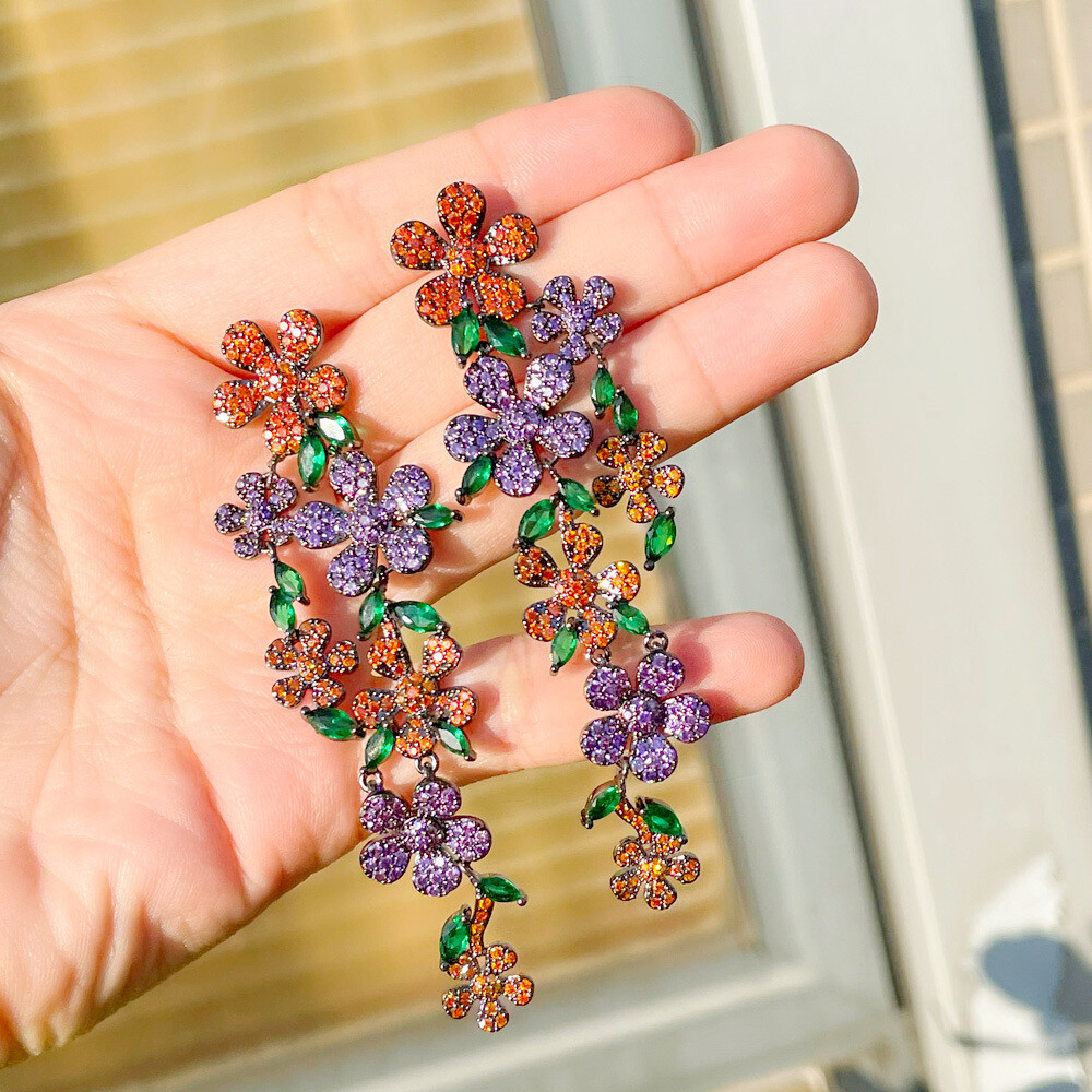 Cubic Zircon Flower Multicolor Leaf Dangle Drop Black Gold Plated Women Earrings