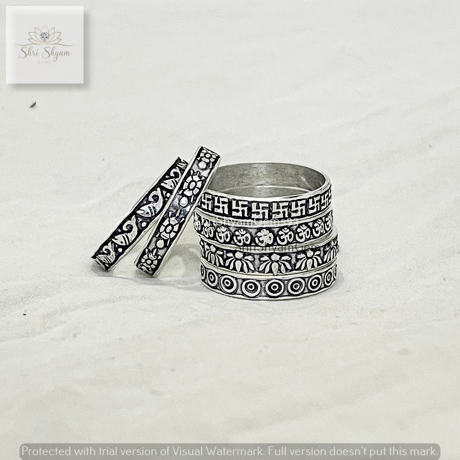 Silver Micro GS Band, Designer Aum Turquoise Lotus Round Oxidized Ring