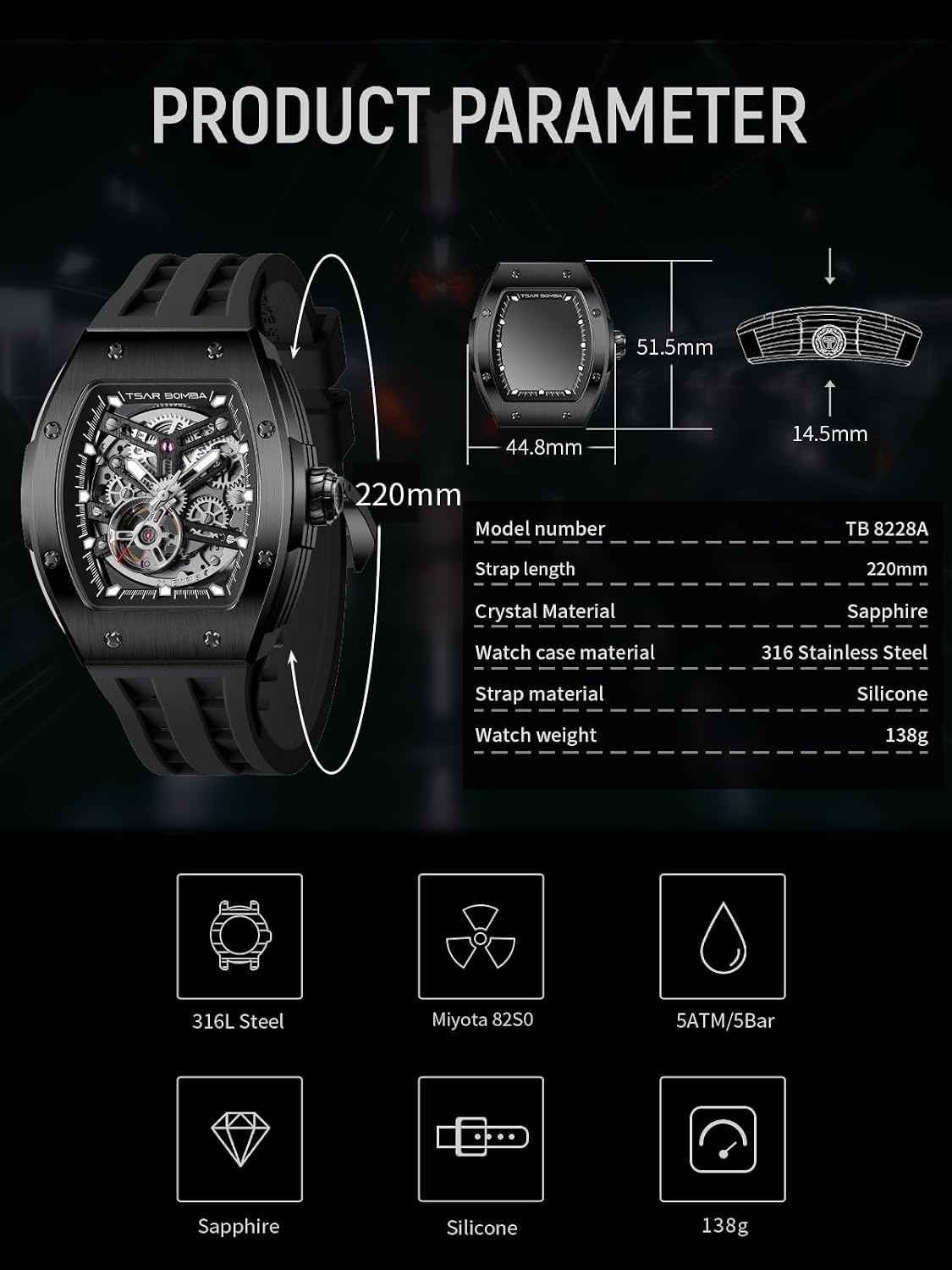 Luxury Skeleton Automatic Men’s Watch – 50M Waterproof Tonneau Dial