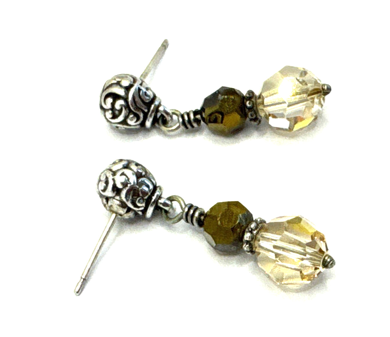 Brighton Cannes Light Ivory Beige & Sparkle Brown Beads Silver Post Earrings