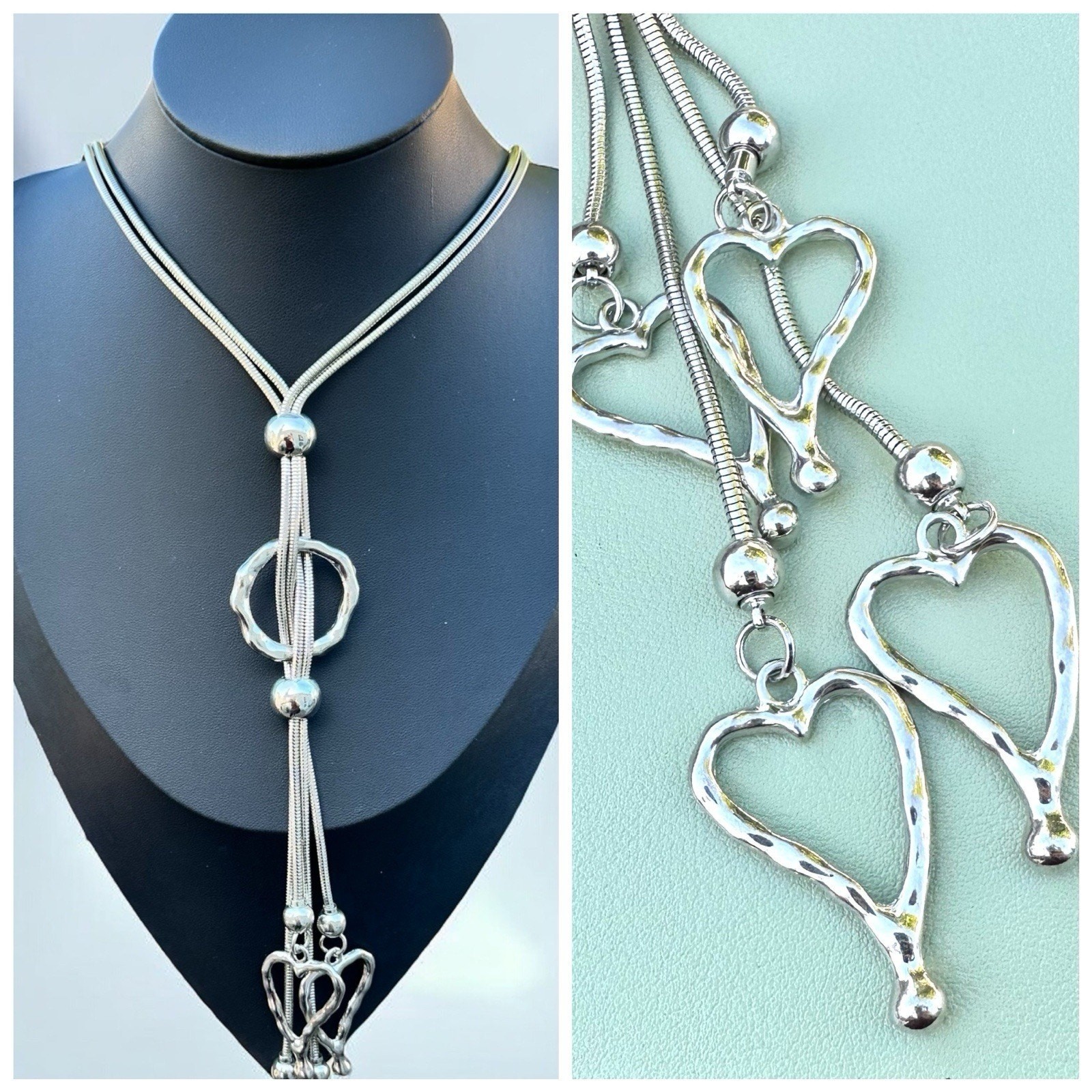 Sculptural Heart Lariat Necklace Silver Tone Brutalist Y-Drop Abstract Modernist