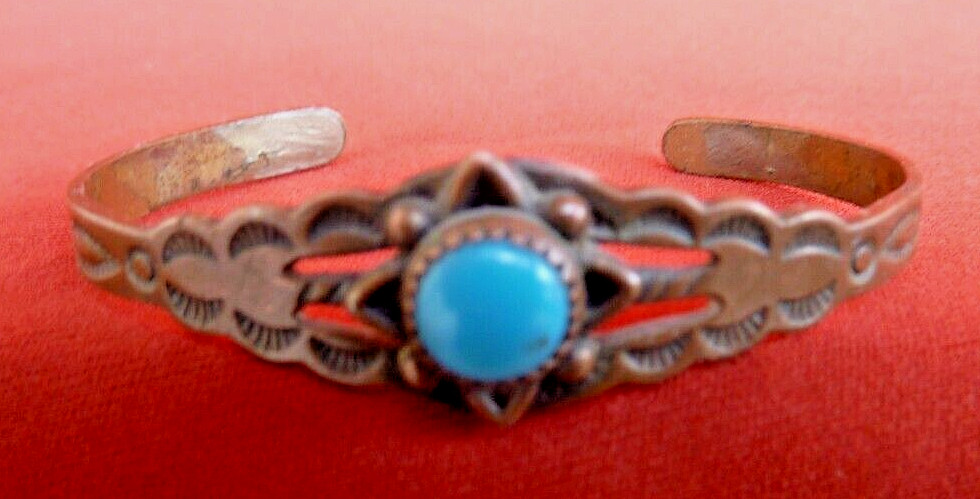 Vintage Fred Harvey Era Southwestern Copper & Block Turquoise Small Bracelet-NR