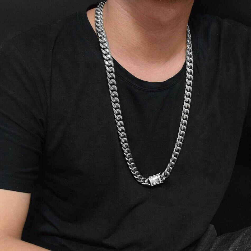 White Gold Plated Stainless Steel Miami Cuban Link Bracelet Chain With CZ Clasp