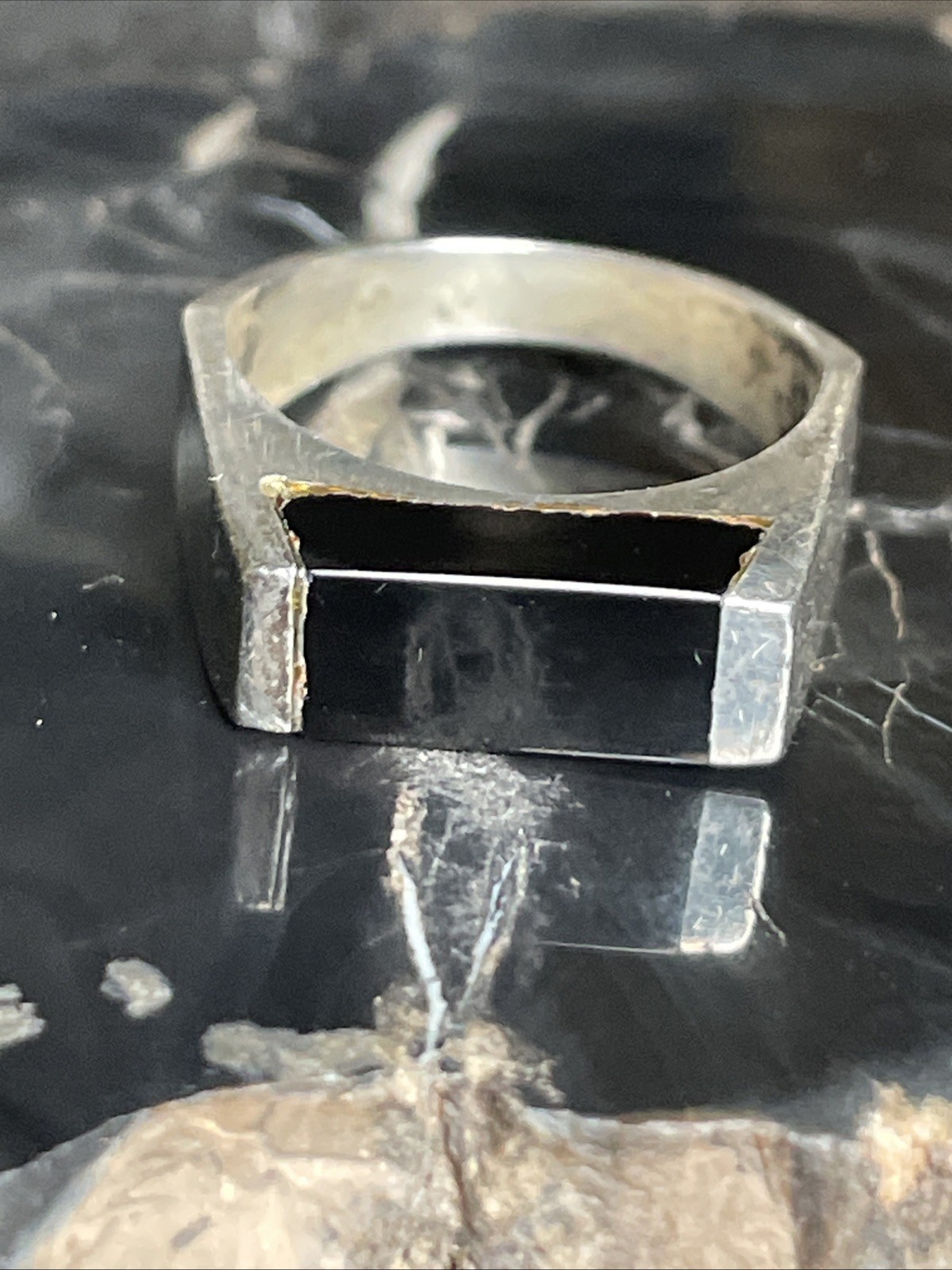 Vintage Sterling Silver Black Onyx Inlay Flat Top Ring Size 5.25