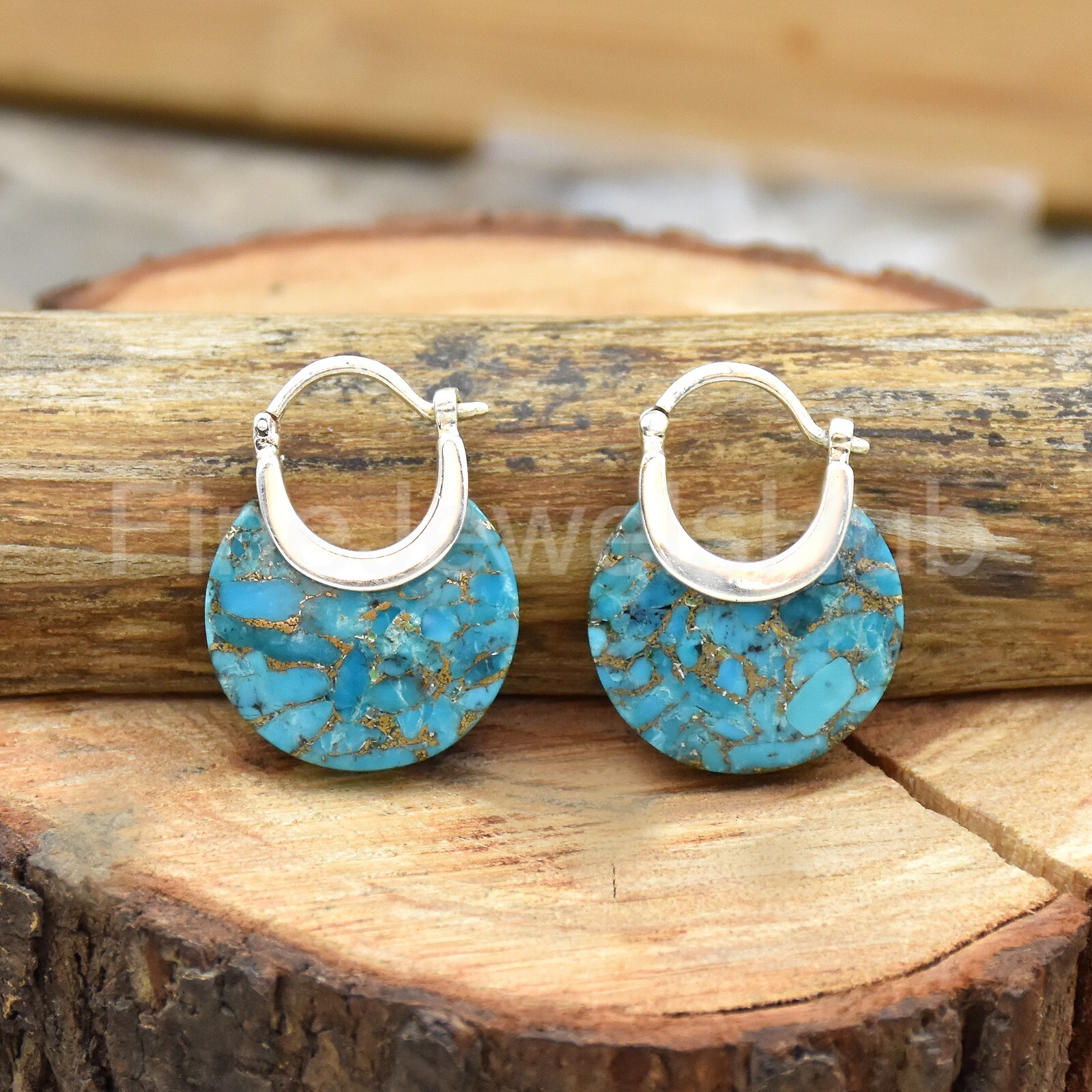 Copper Turquoise 925 Sterling Silver Moon Hoops Earrings Women Earring For Gift