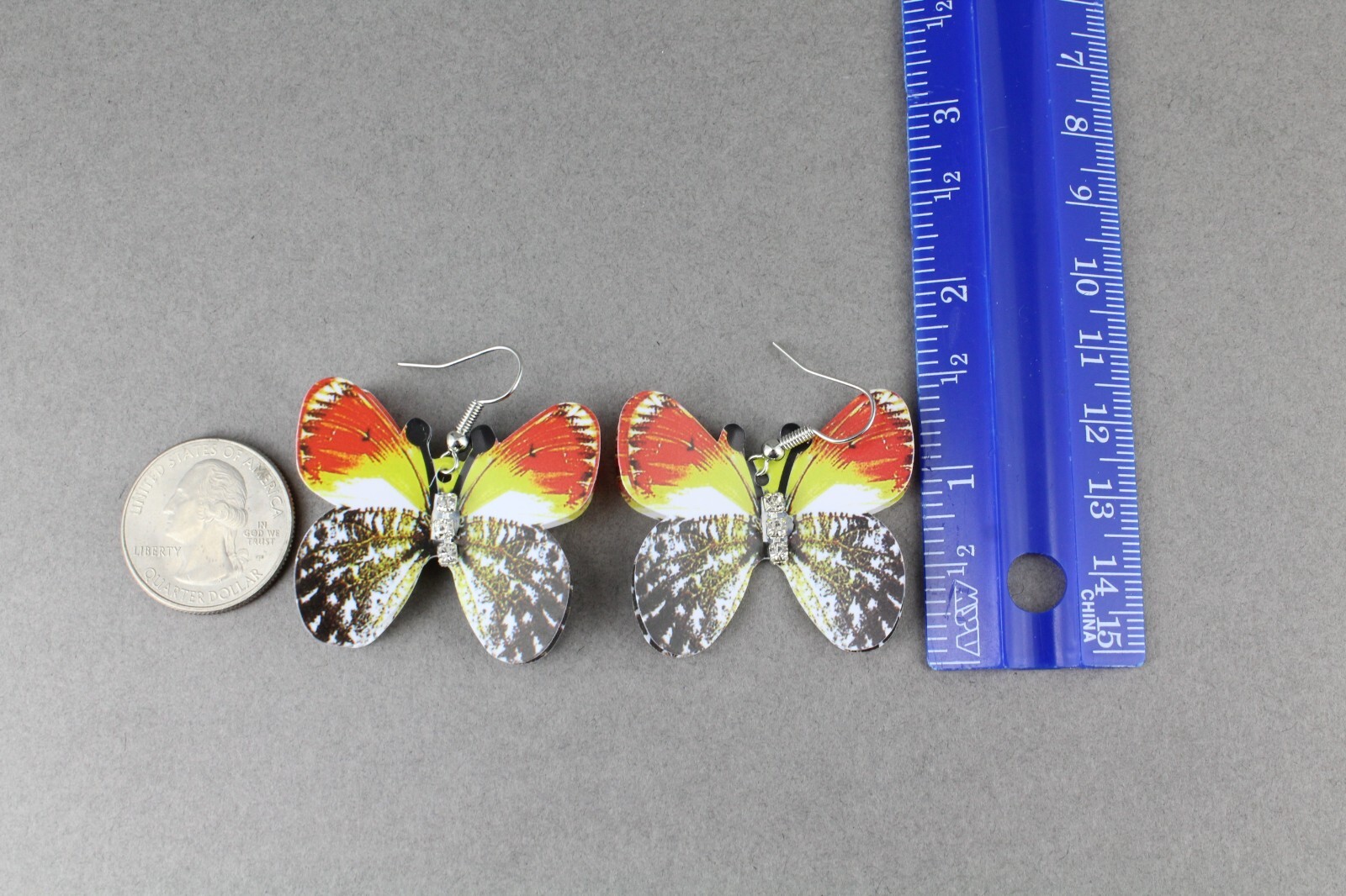 Red Yellow Black butterfly earrings 3D dangle 1 5/8″ long Very lightweight wings