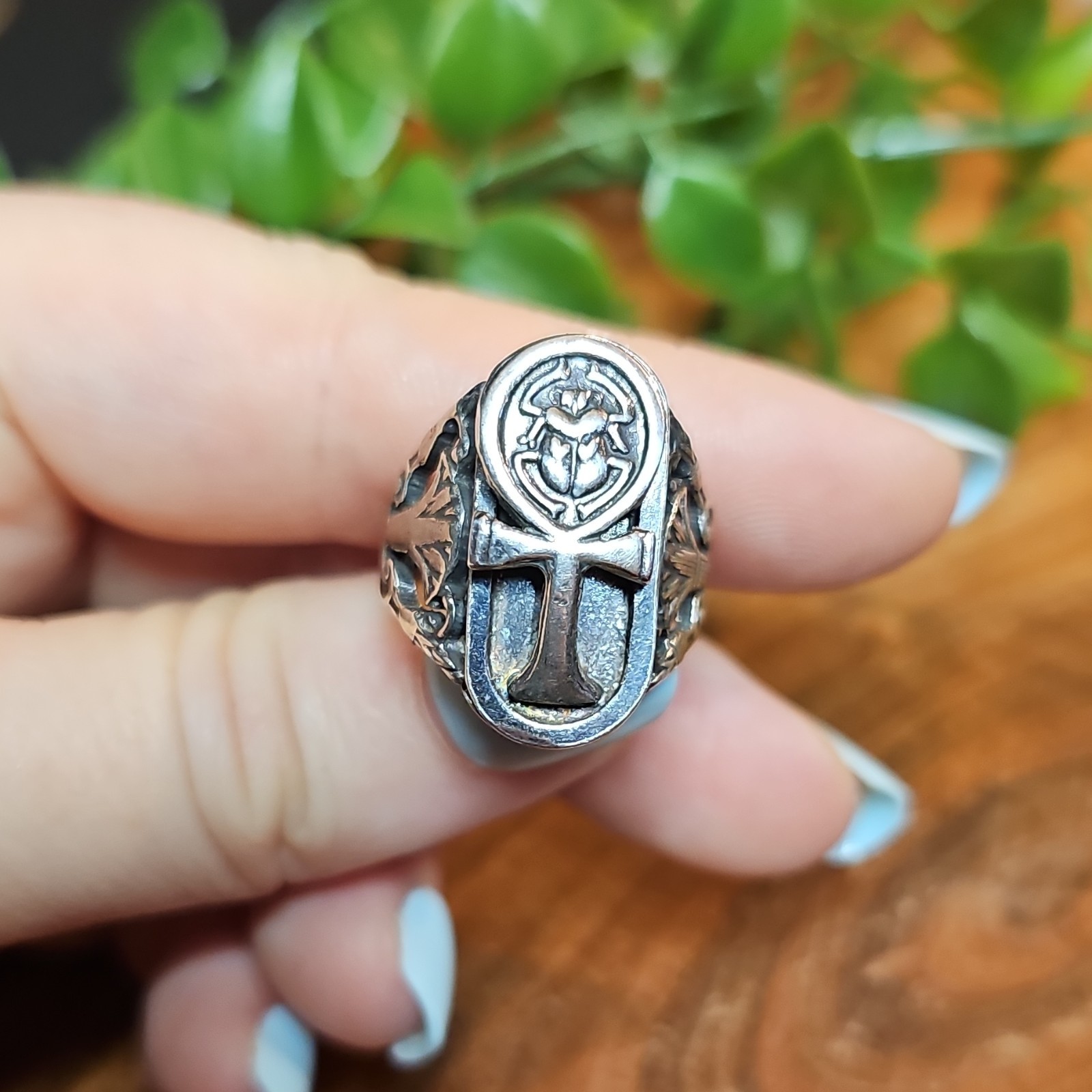 Sterling Silver Scarab Ankh Ring Egyptian Mythology Filigree Statement Sz 6.5