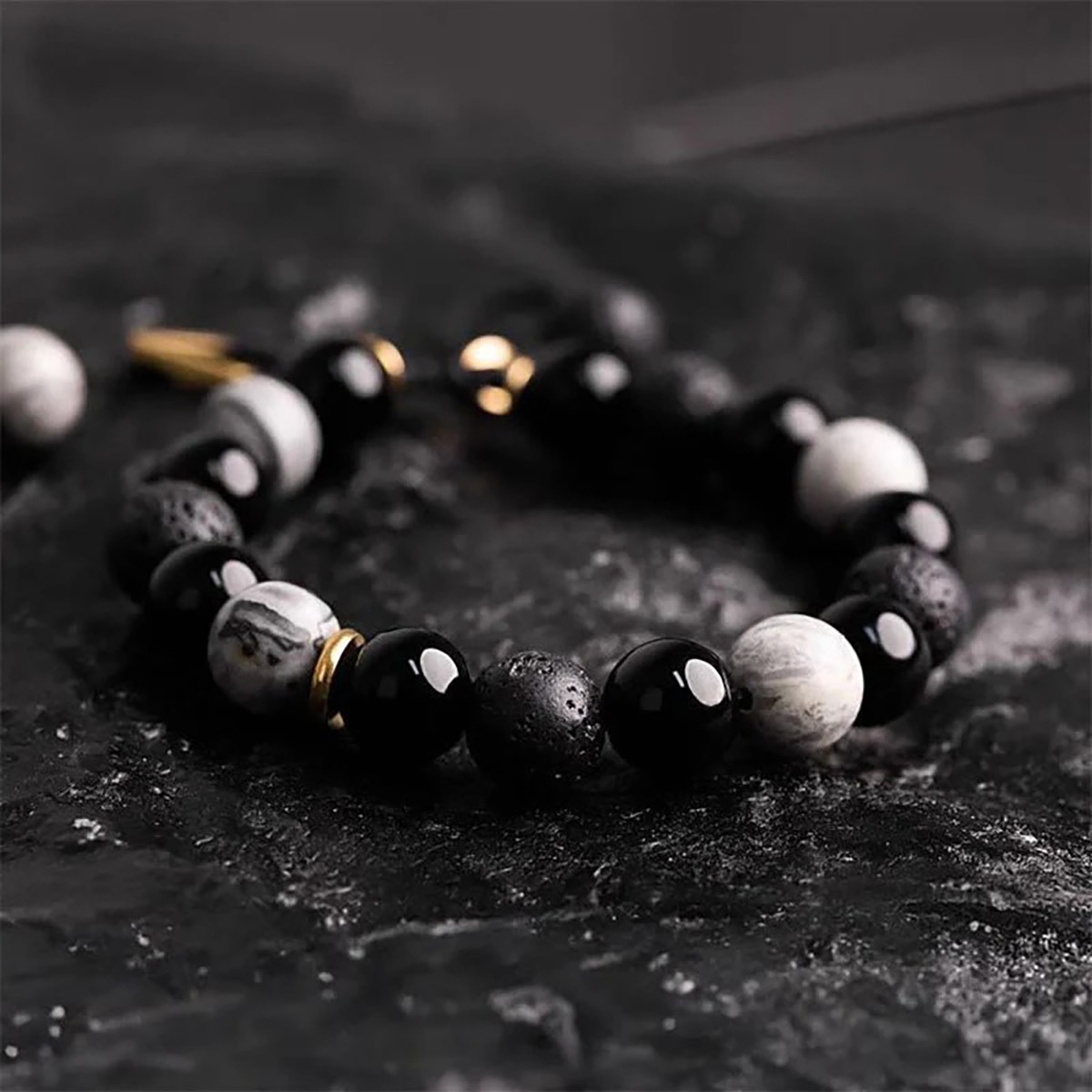Black Obsidian Lava Rock Bracelet Stone Mindfulness Strength Beads Gift for Men