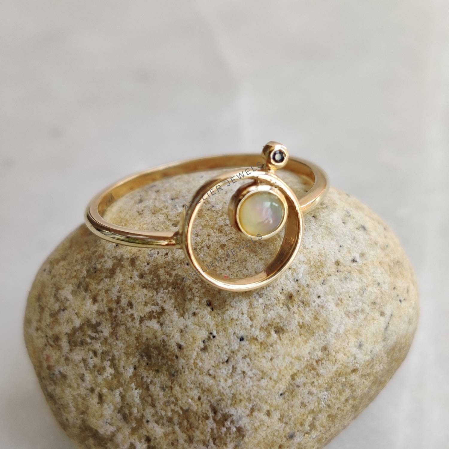 0.11 Ct Natural Opal Sapphire Band Ring 14K Gold Minimalist Birthstone Design