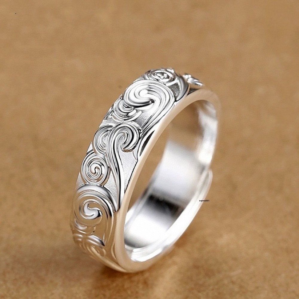 Pure 999 Fine Silver Band Lucky Men Women Gift Carved Auspicious Cloud Ring 6.4g