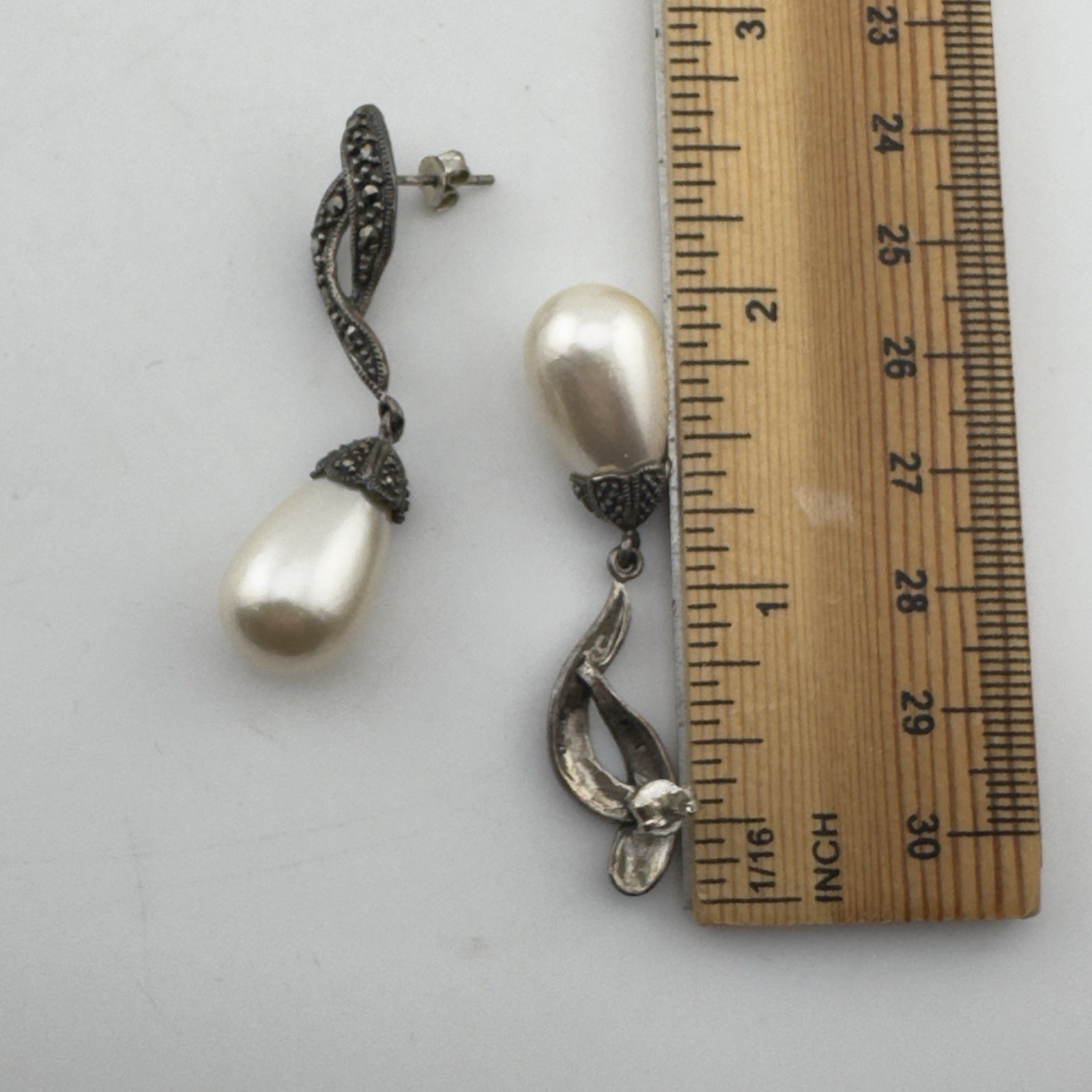 Vintage Art Deco HAN 925 Sterling Silver Marcasite Pearl Drop Dangle Earrings