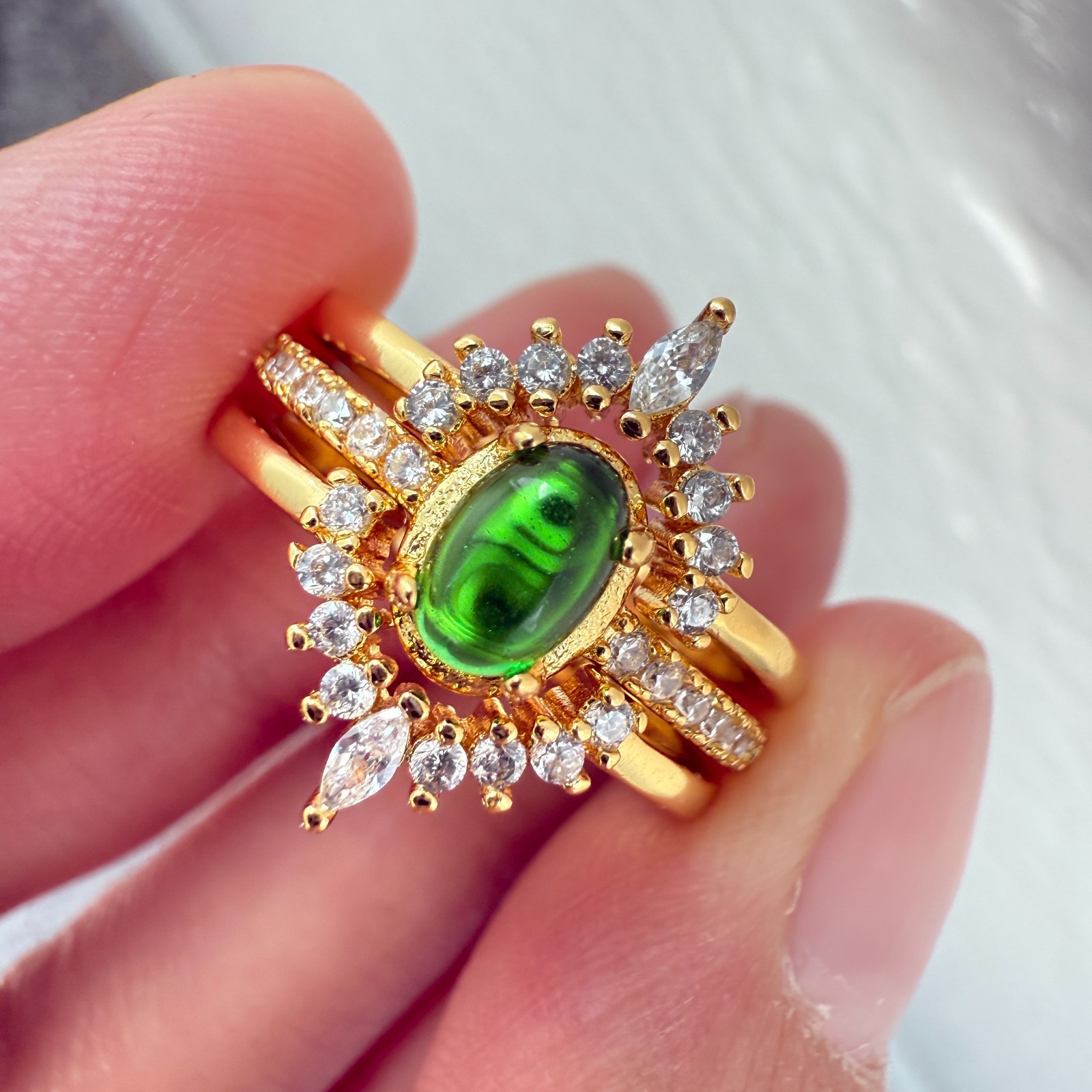 925 Sterling Silver Ring 3in1 6x4mm Green Natural Emerald Gemstone Zircon Flower