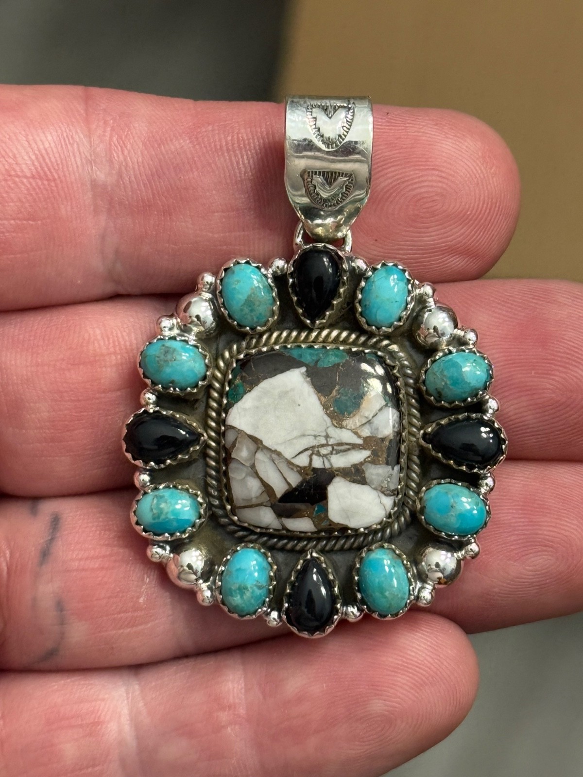 STERLING SILVER TURQUOISE WHITE BUFFALO MIX ONYX BIG CLUSTER DOME PENDANT .925