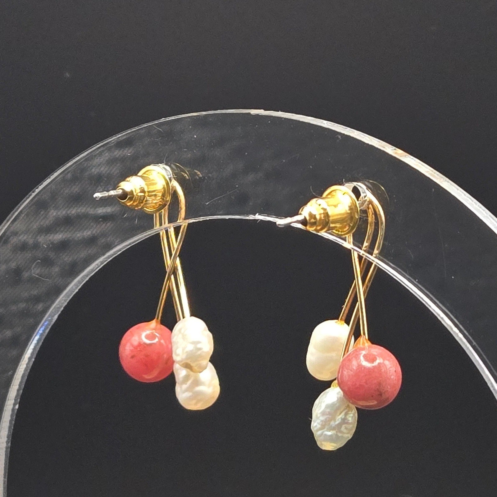 Handmade Baroque Freshwater Pearl and Coral Dangle Beads Goldtone Post Earrings