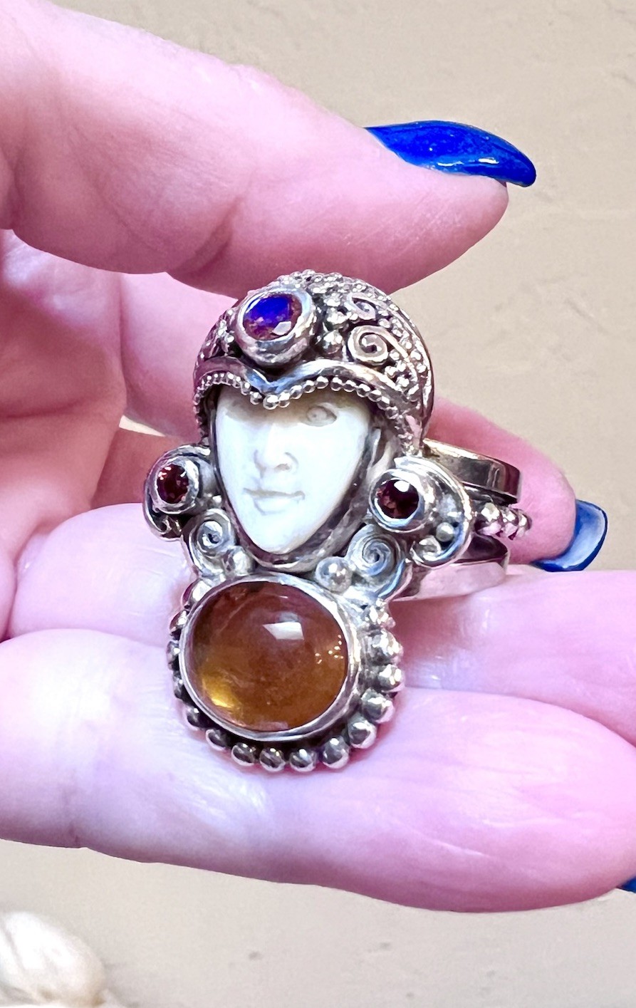 BEAUTIFUL ORNATE Sajen Sterling Silver Citrine, Garnet, Etc. Carved Goddess Ring