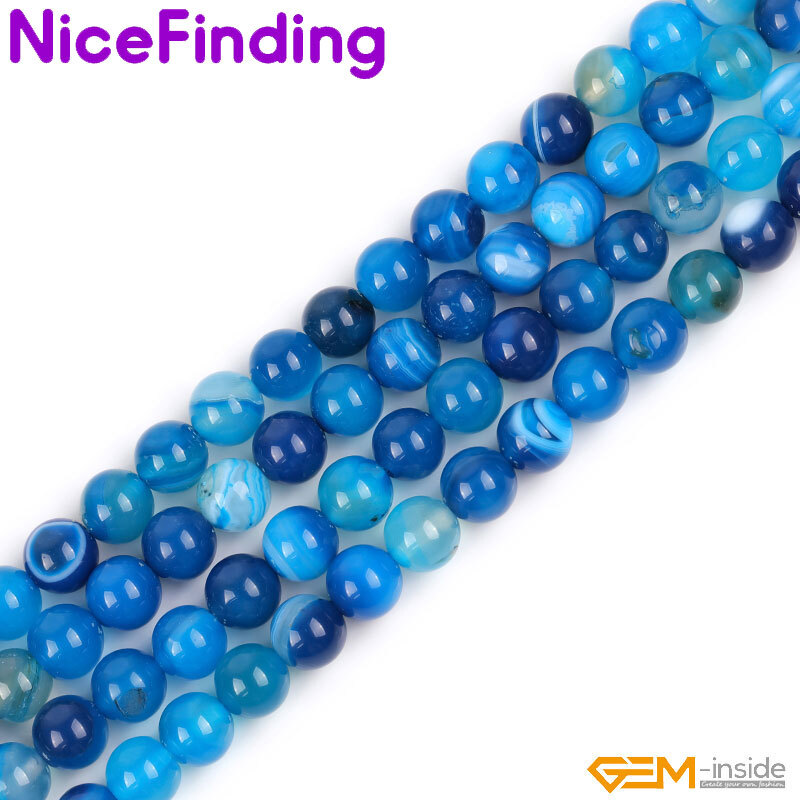 Natural Round Blue Smooth Sardonyx Agate Banded Beads For Jewelry Making 15”