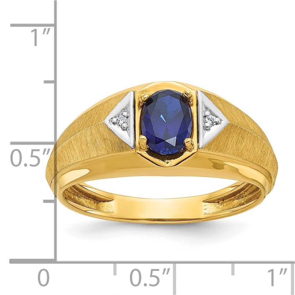 14k Yellow Gold Lab Created Sapphire and Diamond Satin Men’s Ring Size 10