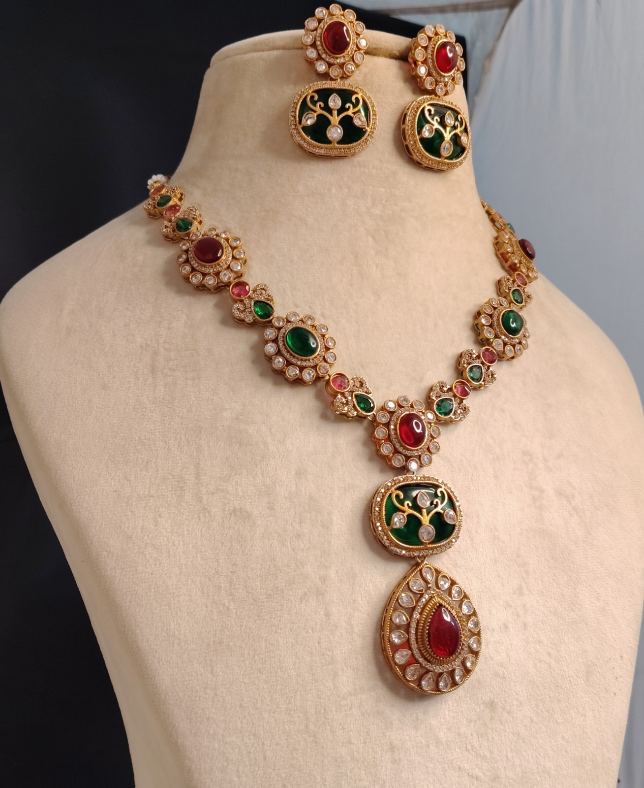 Farah Royal Ruby and Emerald Necklace Set of Kundan for Festive Roz Jewellers.