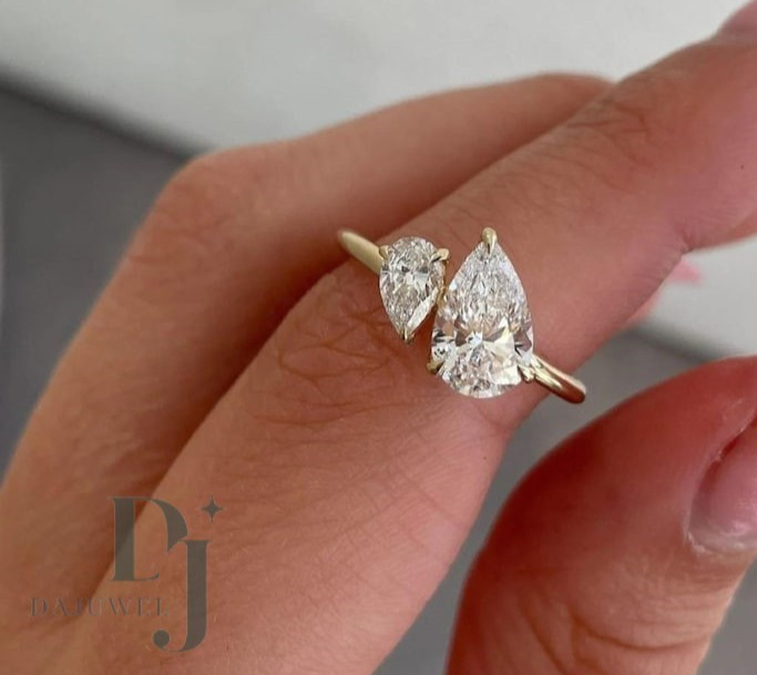 2.55 Carat Pear Cut Moissanite Toi Et Moi Engagement Ring Solid 14K Yellow Gold