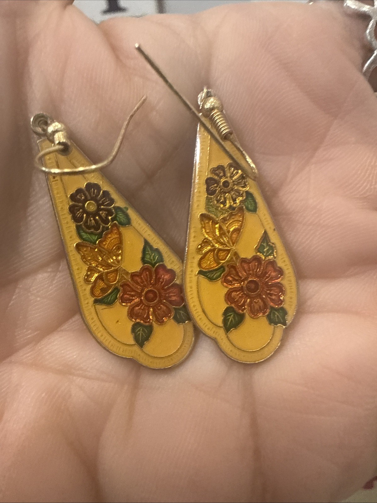Cloissone Enameled Copper Drop Earrings Butterfly Multi Colored Flowers Yellow