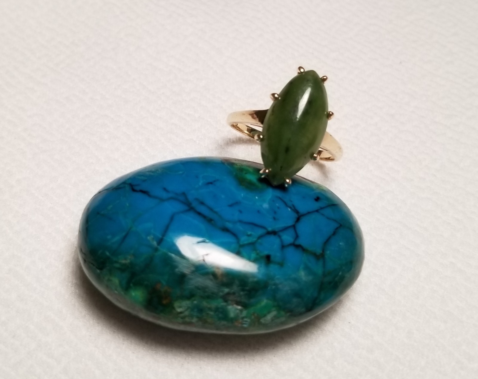 14k Yellow Gold Green Nephrite Jade Marquis Cabochon Ring Size 8 – 4.2 Grams